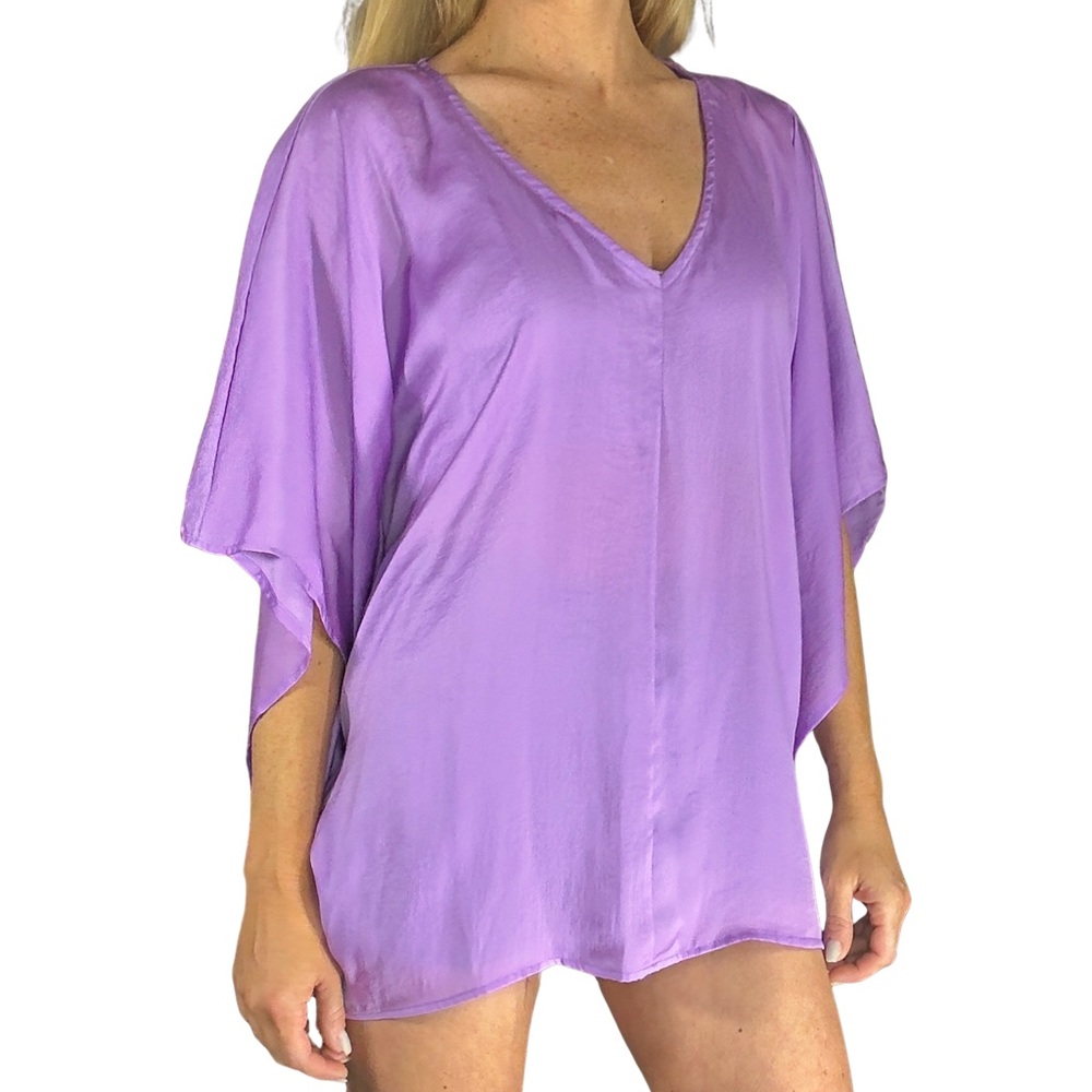 NWT GLAM Silky Lavender V-Neck Flutter Sleeve Tunic Top‎